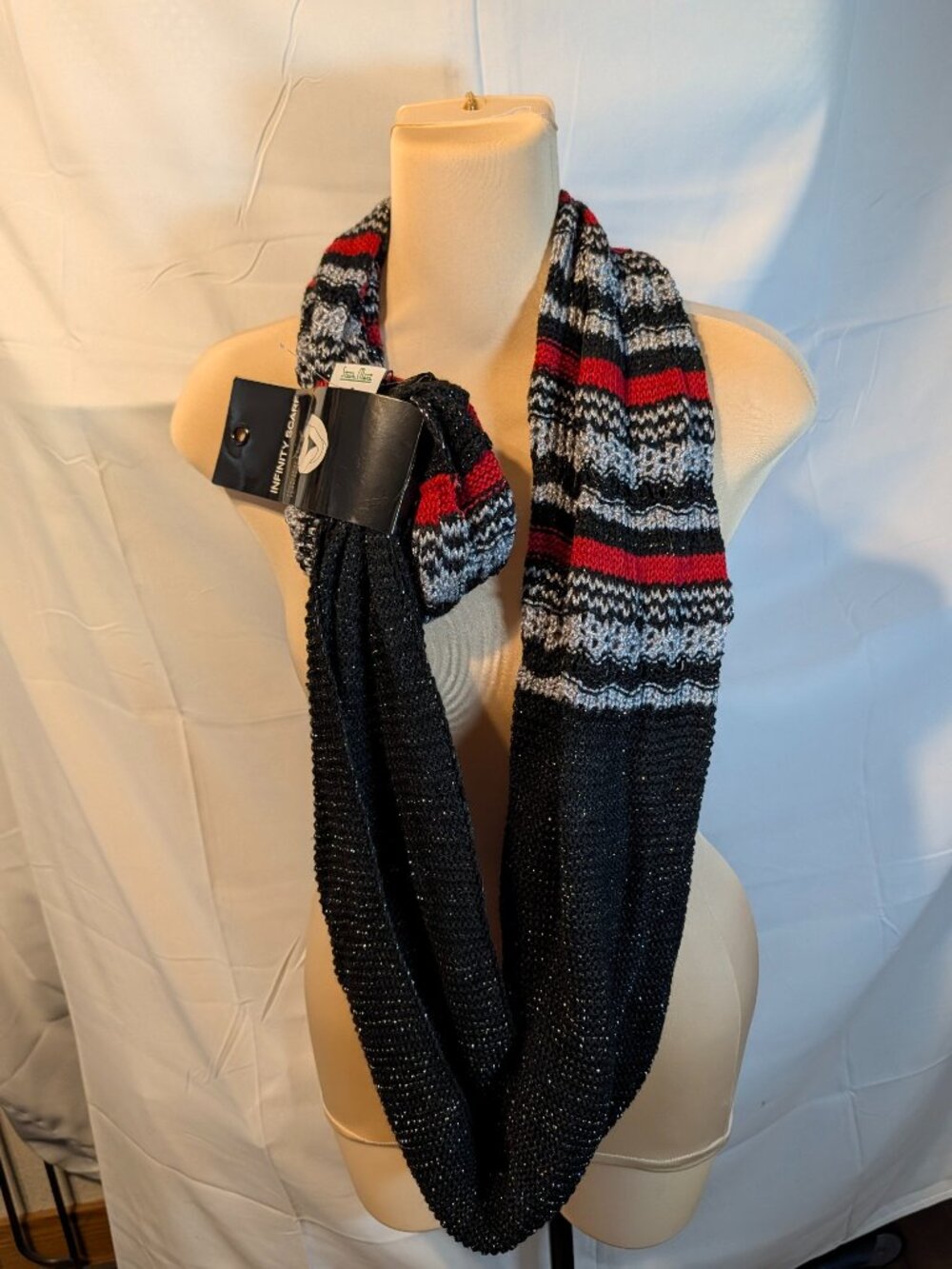 Women's Knit Infinity Scarf Red/Black/Silver Metallic Highlights NWT